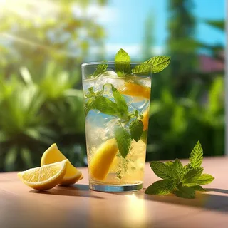 柠檬水清凉夏日消暑饮品骄阳似火背景虚化创意融合