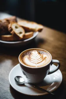 下午茶咖啡拉花面包牛角包摄影图 下午茶咖啡拉花面包牛角包摄影图