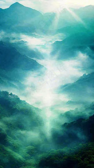 中国风高山绿植森林丛林，阳光蓝天白云，户外