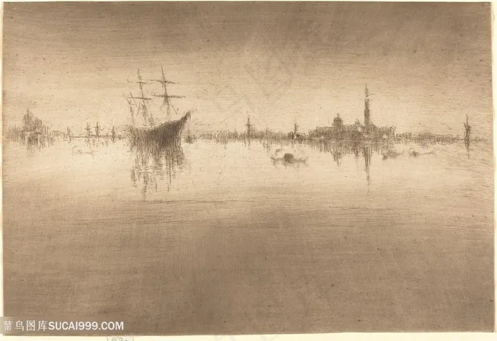 惠斯勒素描湖畔船装饰画