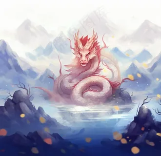 中国龙白龙深山水潭插画背景 中国龙白龙深山水潭插画背景