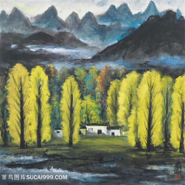 林风眠水墨山下黄色树林房子装饰画