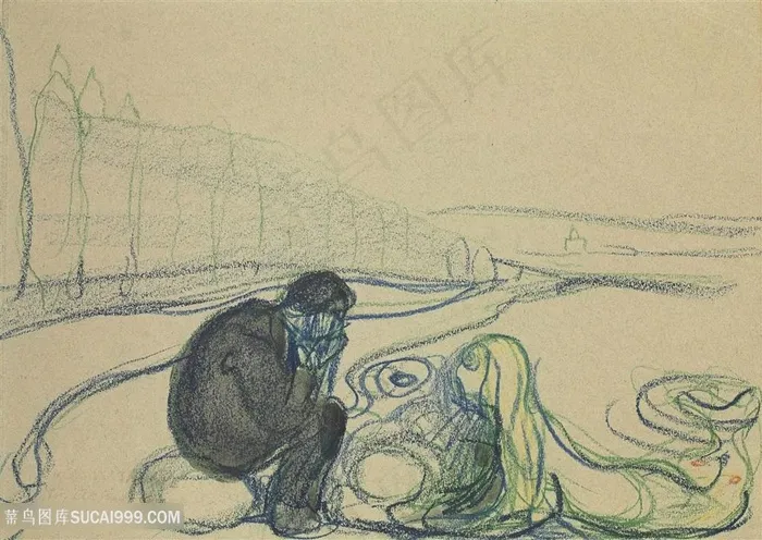 蒙克手绘男女风景画线描