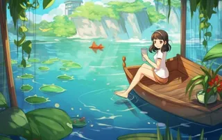 湖泊划船女孩山水风景背景