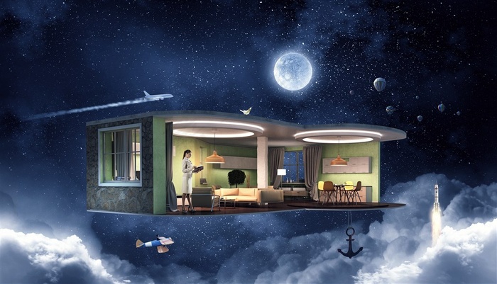 清冷月光下的空中的房间高清图