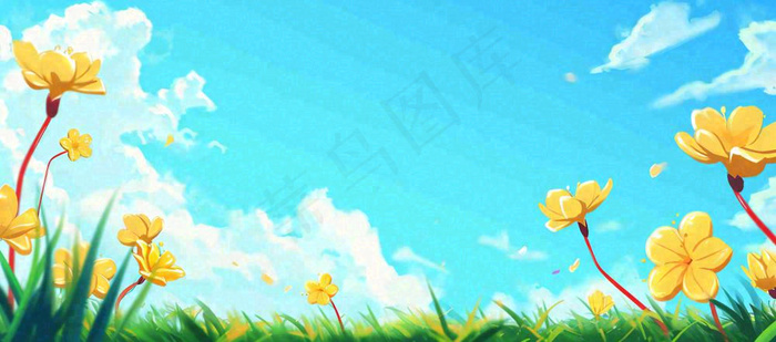 春天清新草地小花蓝天白云，鲜花向阳手绘插画(1632x720)