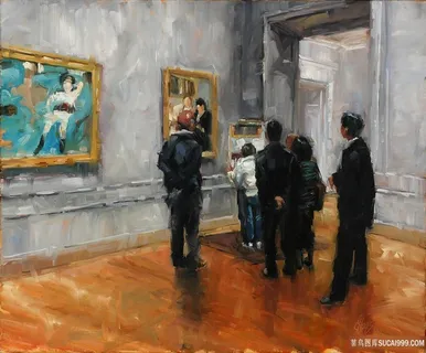 室内参观画展的客人油画装饰画