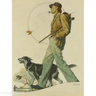 诺曼 · 洛克威尔手绘烟斗男与狗装饰画