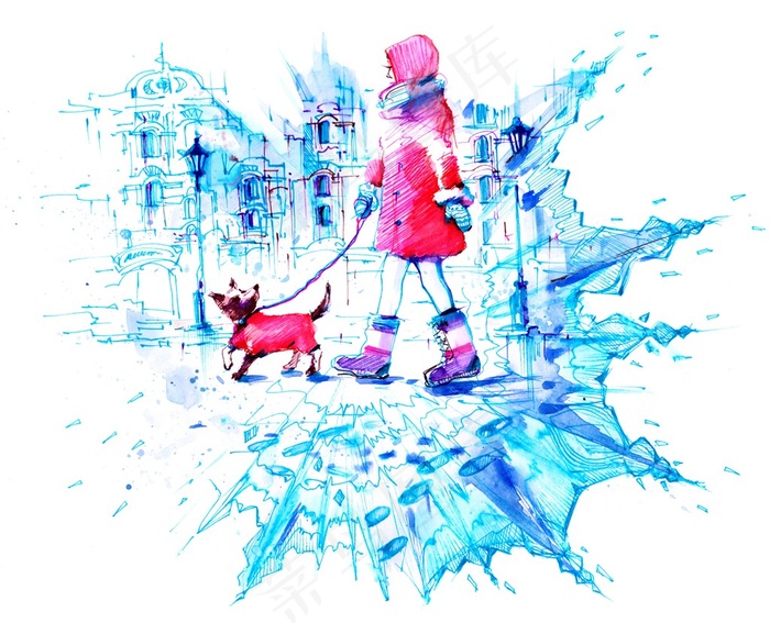 红衣小女孩遛狗水彩高清图片