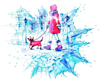 红衣小女孩遛狗水彩高清图片