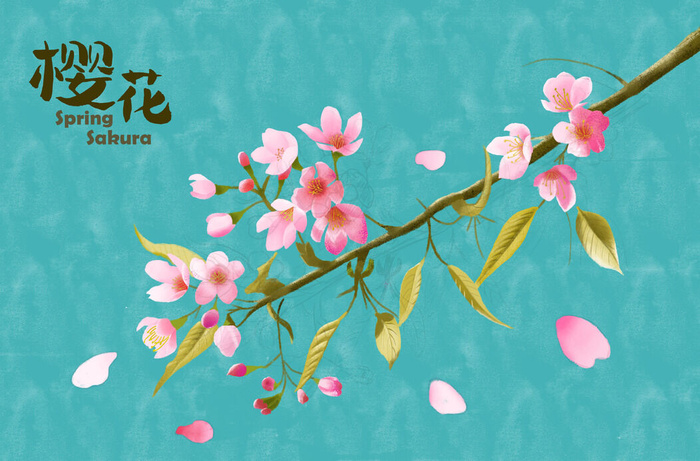 樱花枝头绘画PSD素材