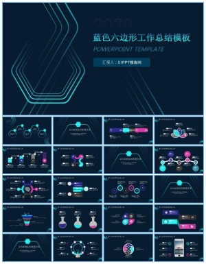 六边形几何线条科技风工作总结报告ppt模板预览图