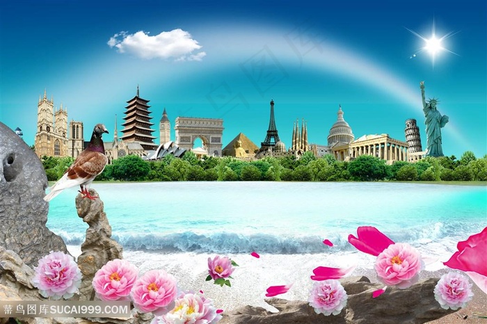 建筑牡丹花河流韩式自然背景
