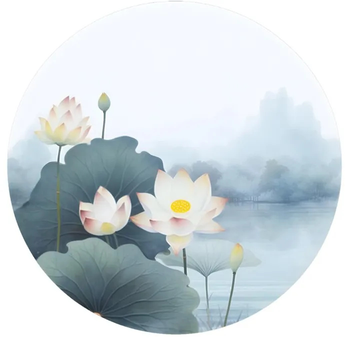 莲花荷花水墨圆框画免抠(1900x1842)
