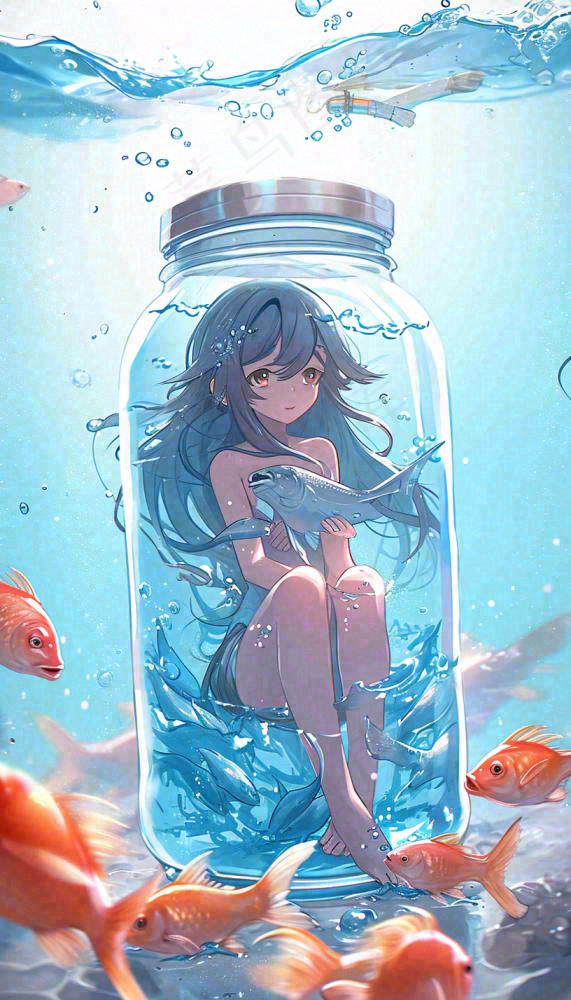 漫画少女海底瓶罐金鱼水面鱼类游泳插画手绘(816x1427)