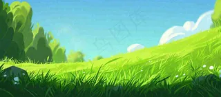 蓝天白云绿植草坪，小草树木清新，春天夏天阳光