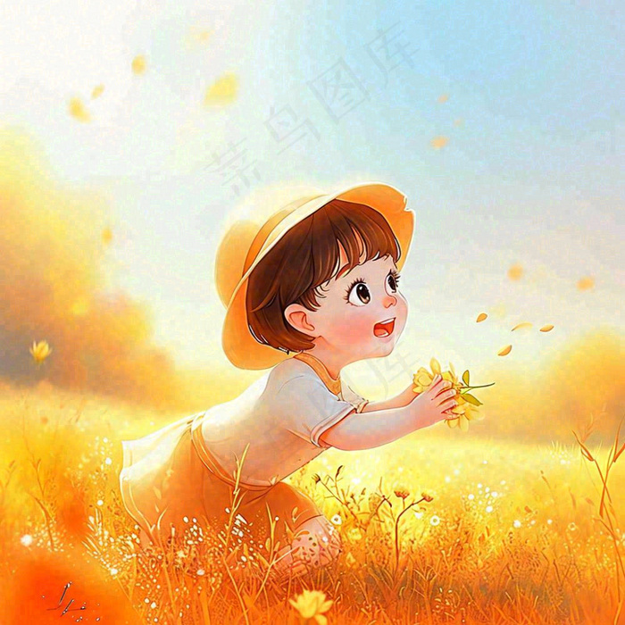 秋天秋叶小麦黄色落叶女孩小孩玩耍