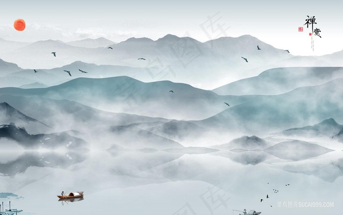 水墨山脉湖畔高清风景画