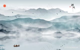 水墨山脉湖畔高清风景画