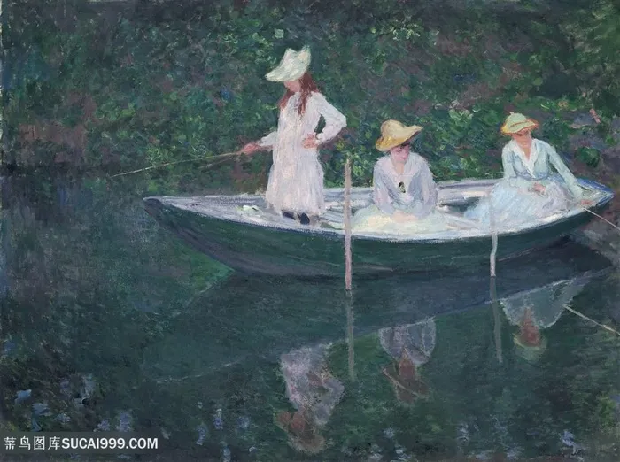 印象派莫奈乘船游湖的少女油画图片