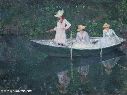 印象派莫奈乘船游湖的少女油画图片