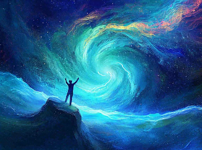 夜晚天空科幻绚丽星空下的人，暗黑天蓝(1264x944)