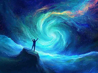 夜晚天空科幻绚丽星空下的人，暗黑天蓝