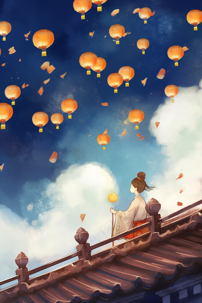 古风灯笼古城墙上的少女孔明灯插画水彩画素材