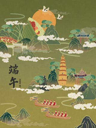 国潮风中国传统节日端午节赛龙舟粽子场景插画海报PSD设计素材