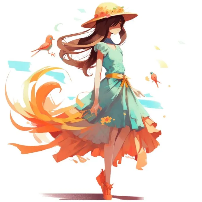 秋日美丽的少女油画插画免抠(1024x1024)