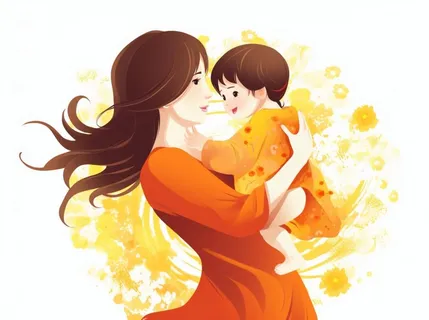 母亲节妈妈拥抱着孩子花海手绘插画素材海报背景