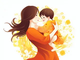 母亲节妈妈拥抱着孩子花海手绘插画素材海报背景