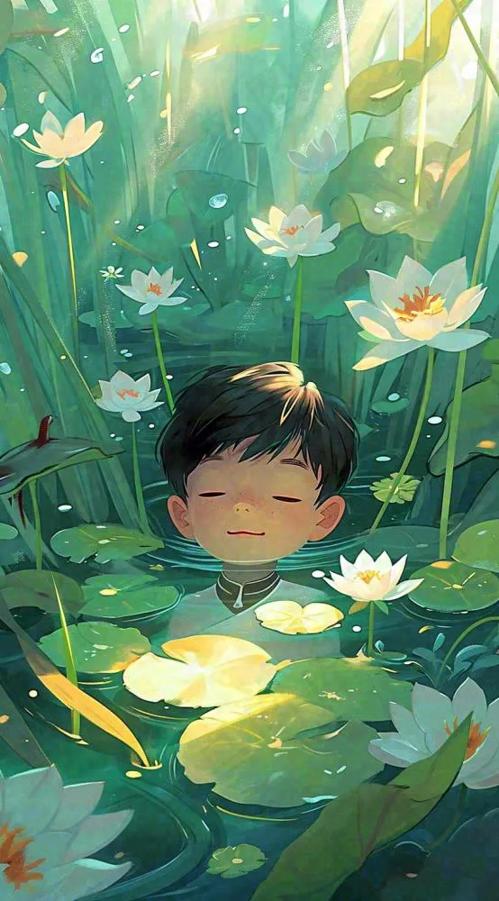 夏日温暖阳光墨绿荷花池荷叶，睡眠男孩(816x1472)