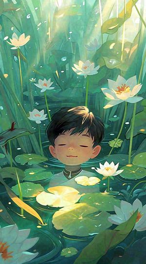 夏日温暖阳光墨绿荷花池荷叶，睡眠男孩