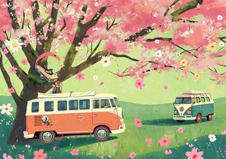 清新可爱春日郊游旅行房车粉绿蜡笔插画手绘草坪，惊蛰春分