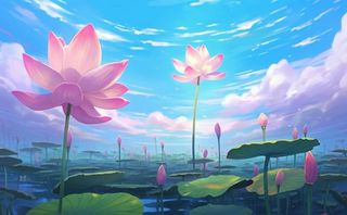 夏日荷花池塘天空插画背景