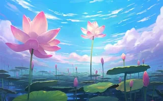 夏日荷花池塘天空插画背景