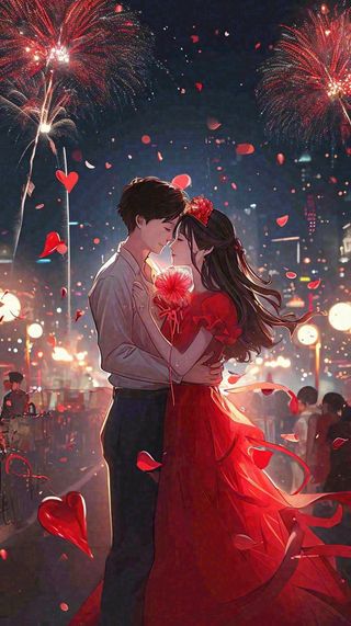 烟花中情侣在情人节的夜晚里拥抱亲吻，红色爱心气球爱情甜蜜