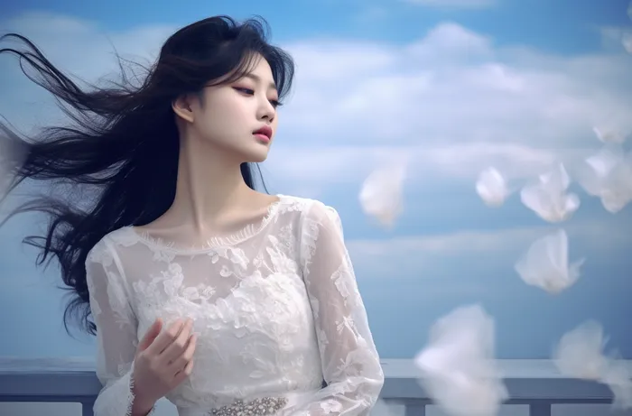 一个美女穿着一件漂亮的白色连衣裙在海边的拍照摄影图(4080x2688)