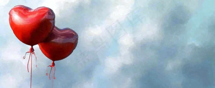 蓝天白云红色爱心气球情人节浪漫爱情摄影图(1712x704)