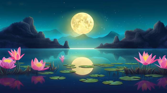 夜晚圆月下的荷花莲花湖泊山川插画素材(4368x2448)
