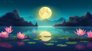 夜晚圆月下的荷花莲花湖泊山川插画素材