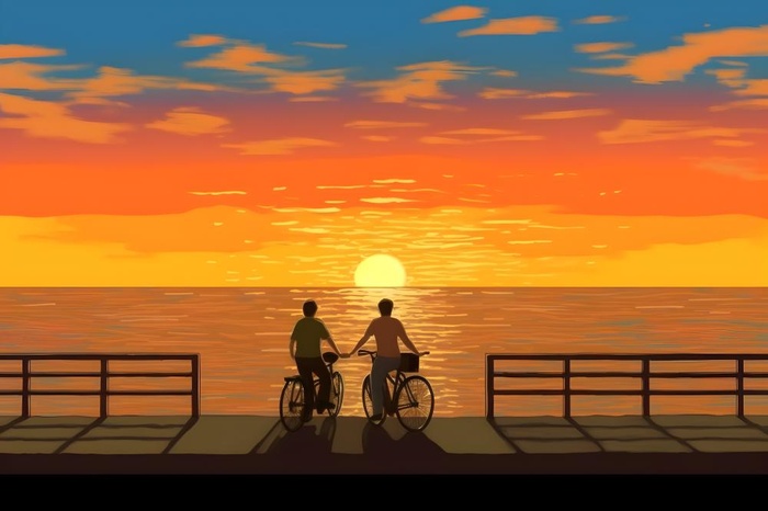 夕阳下骑自行车海边背景
