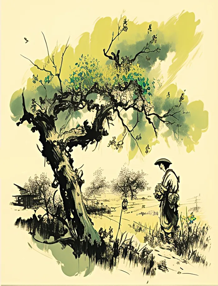 浪漫水墨国画播种采药农民图