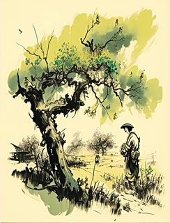 浪漫水墨国画播种采药农民图