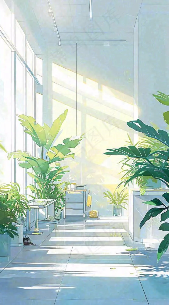 夏天明媚的阳光洒进办公室绿色的植物在办公室走廊上，线性插画手绘(816x1472)