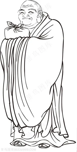 拿着礼物开心的僧人罗汉线描矢量PNG绘画图片 拿着礼物开心的僧人罗汉线描矢量PNG绘画图片