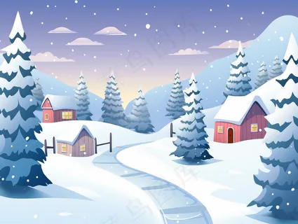 冬季白雪覆盖村庄和大地自然风景卡通插画素材背景