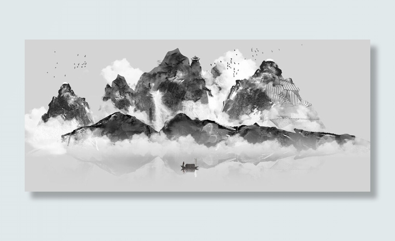 水墨毛笔山峰绘画PSD素材