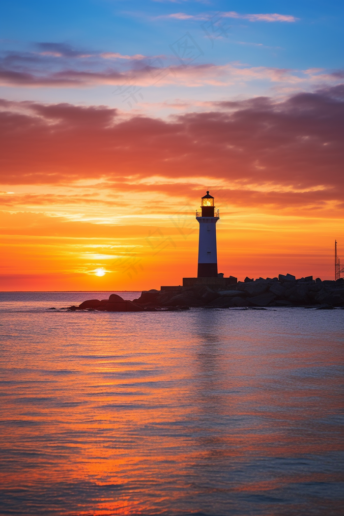海边晚霞的灯塔日出夕阳摄影图